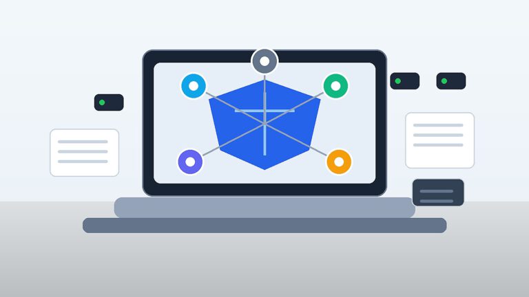 Abstrakter Laptop mit Sicherheits-Schild und KI-Agenten für Cybersecurity-Workflows