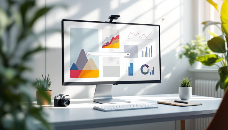 Moderner Arbeitsplatz mit neutralem Analyse-Dashboard zur KI-Bildersuche und Content-Sichtbarkeit