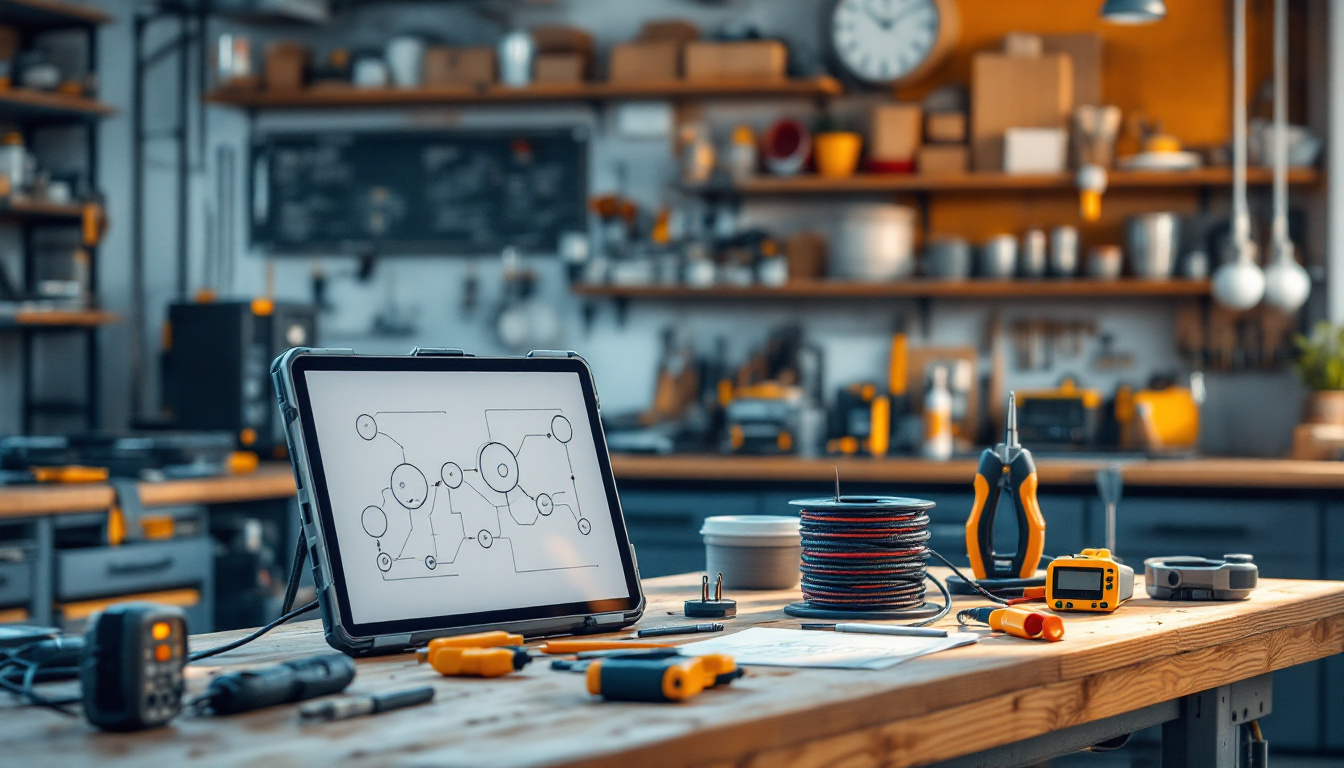 Moderne Handwerkswerkstatt mit Werkzeugen und Tablet für einen digitalen Prozess