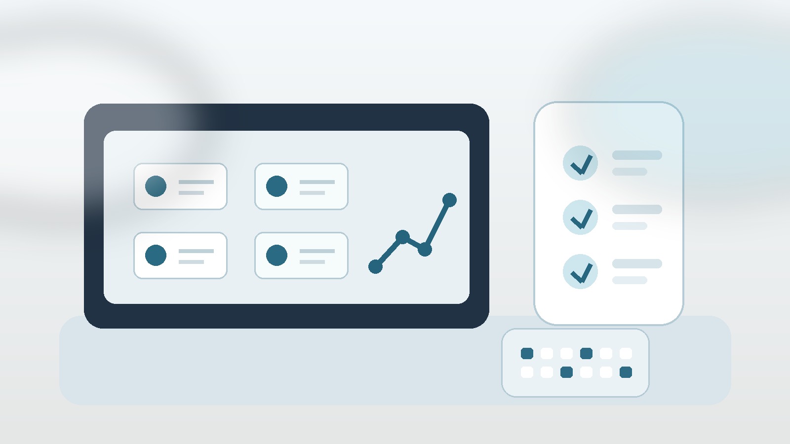 Neutrales Symbolbild für eine KI-Scorecard mit Dashboard, Kennzahlen und Prozessprüfung