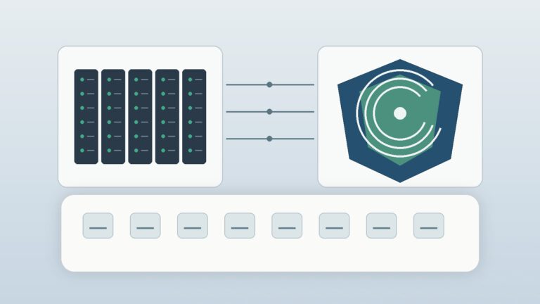 Textfreie Illustration zu Open-Weight-KI-Governance: Server, Schutzsymbol und Prozessbausteine.