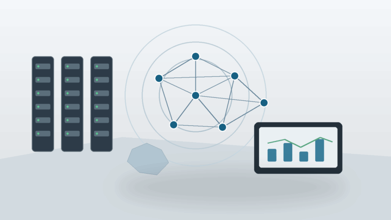 Souveräne KI-Infrastruktur mit Servern, Netzwerkknoten und Dashboard ohne Personen oder Logos