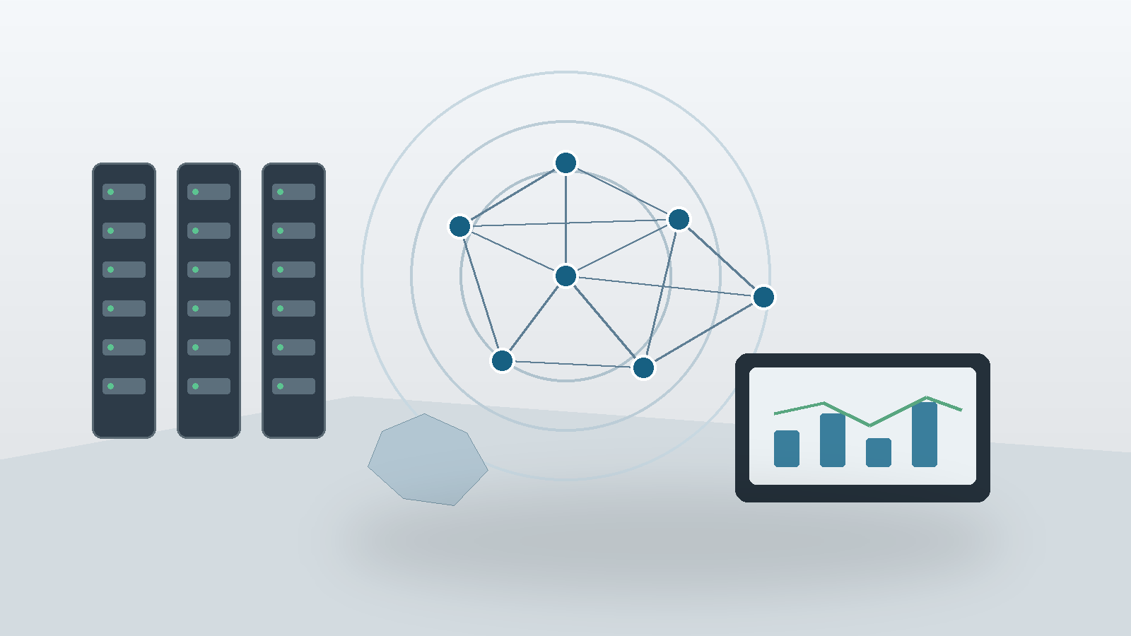 Souveräne KI-Infrastruktur mit Servern, Netzwerkknoten und Dashboard ohne Personen oder Logos