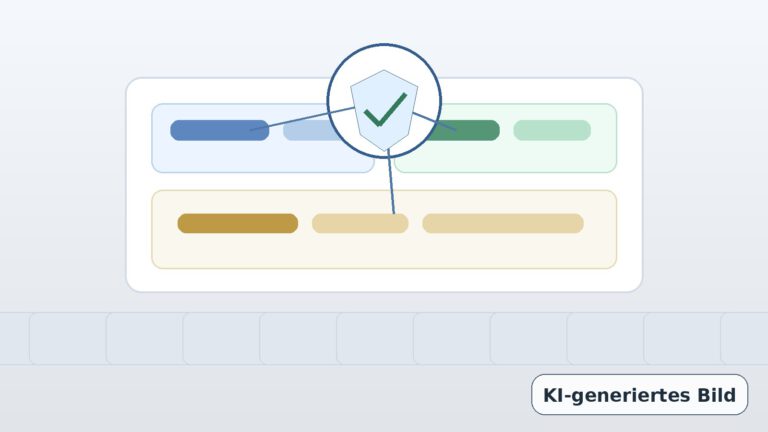 Neutrale Illustration eines kontrollierten KI-Wissensassistenten im Kundenservice mit eingebettetem Hinweis KI-generiertes Bild